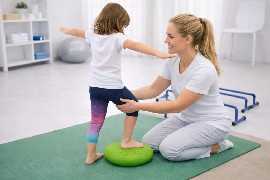 Fyzioterapie dětí v REHANEST dětské rehabilitaci Praha Barrandov –fyzioterapeutka pomáhá dívce s balančním cvičením na nestabilní podložce.