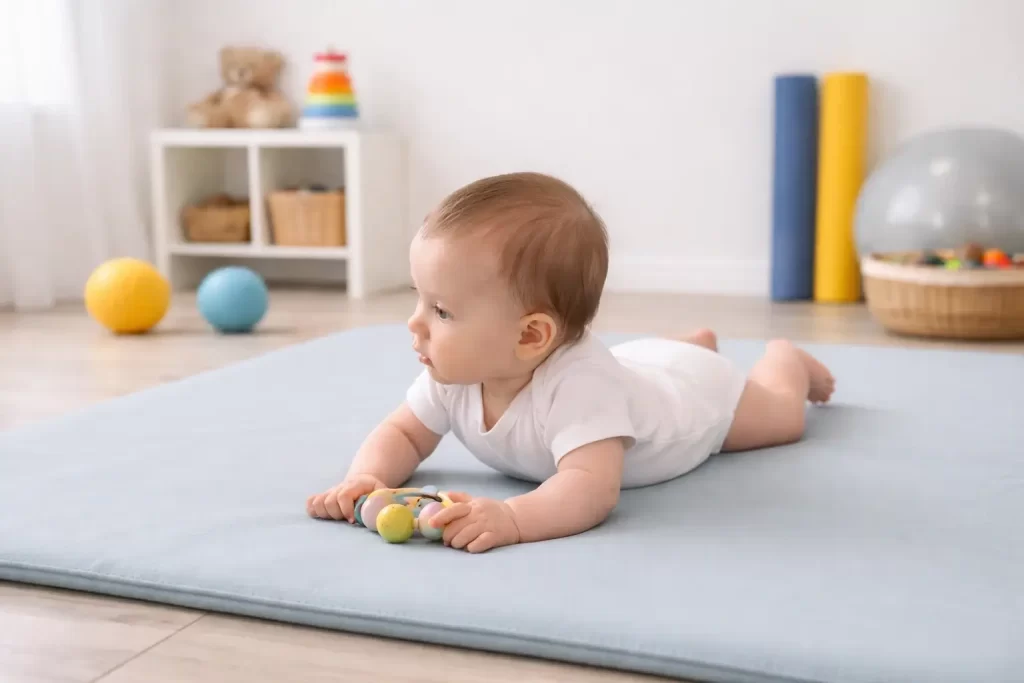 Fyzioterapie kojenců v REHANEST dětské rehabilitaci Praha Barrandov – kojenec ležící na rehabilitační podložce.