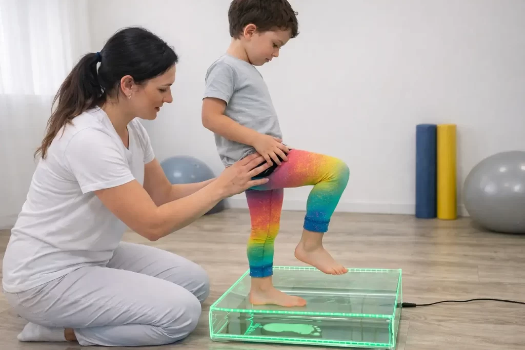 Podologické vyšetření v REHANEST dětské rehabilitaci Praha Barrandov – fyzioterapeutka pomáhá dítěti při vyšetření rovnováhy na podoskopu.